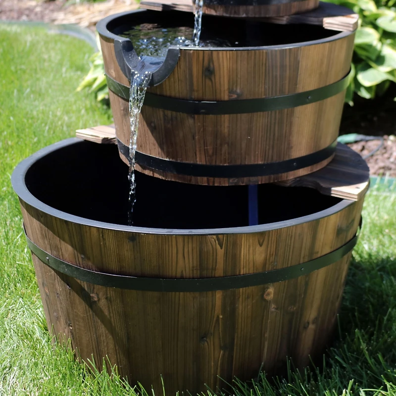 30-Inch 3-Tier Wood Barrel Outdoor Water Fountain - Electric Submersible Pump