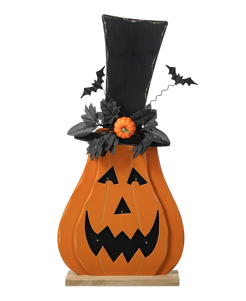 Glitzhome 29.5"H Halloween Lighted Wooden Jack-o-Lantern Porch Decor with Floral Timer