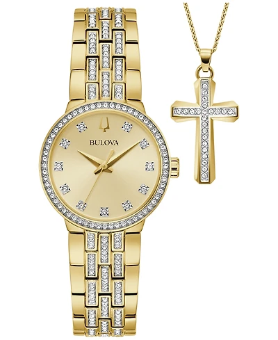 Bulova Women's Crystal Gold-Tone Stainless Steel Bracelet Watch 29mm Gift Set