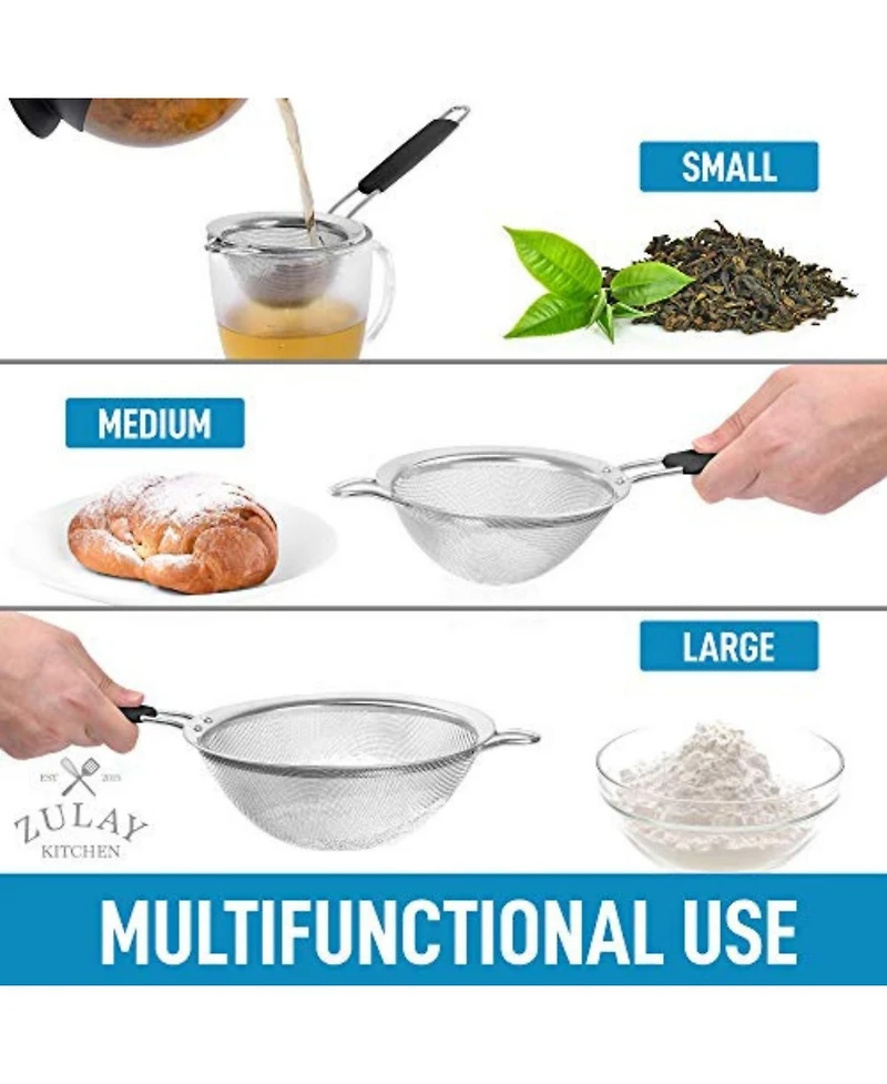 Premium Stainless Steel Fine Mesh Strainer Set - Strainers for Kitchen (Set of 3) with Non-slip Handles