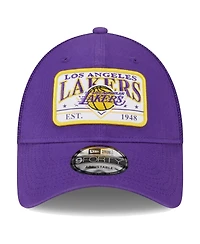 New Era Men's Purple Los Angeles Lakers Plate Oversized Patch Trucker 9Forty Adjustable Hat