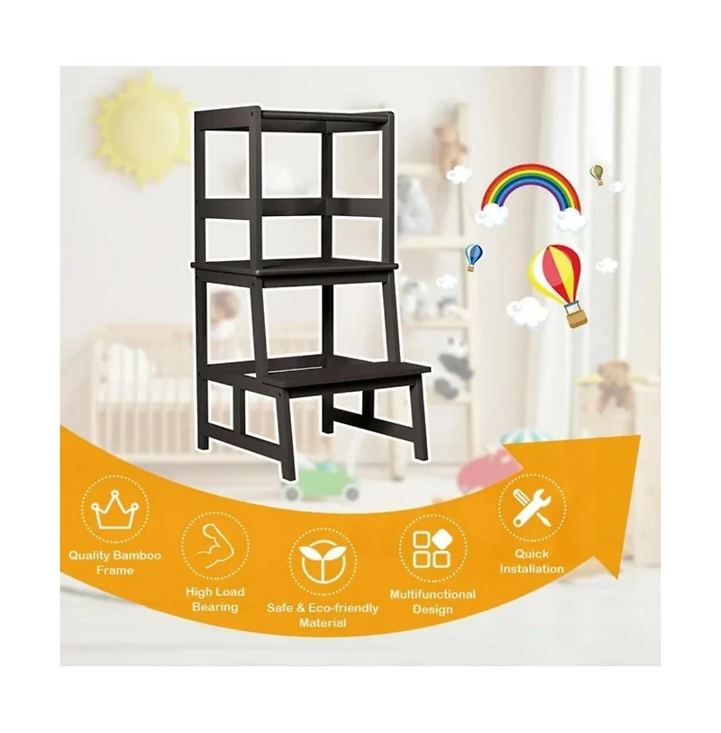 Slickblue Kids Wooden Kitchen Step Stool with Safety Rail