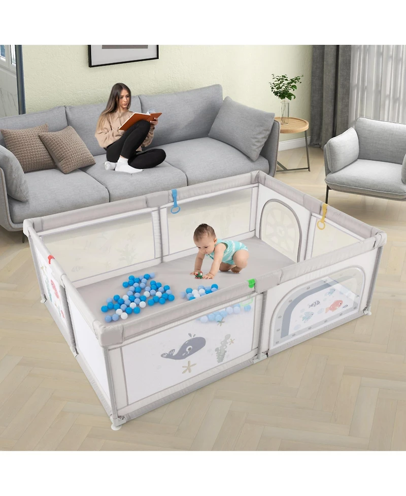 Slickblue Toddler Large Playpen with Pull Rings Ocean Balls and Cute Pattern