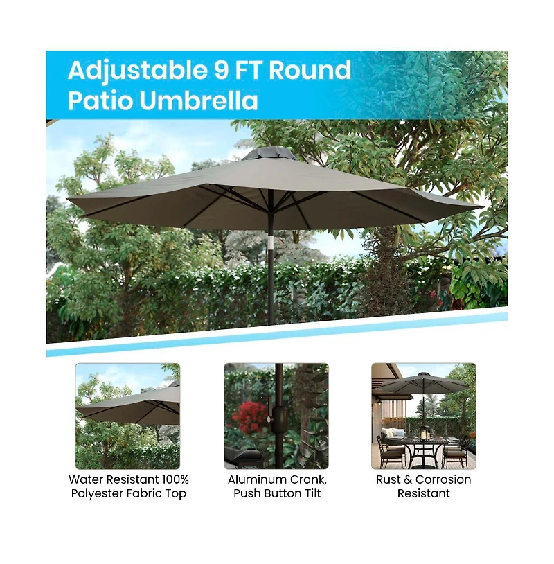 Outdoor Powder Coated Steel Dining Table With Faux Teak Poly Slat Top, 9' Patio Umbrella And Base