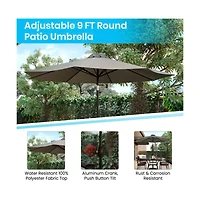 Outdoor Powder Coated Steel Dining Table With Faux Teak Poly Slat Top, 9' Patio Umbrella And Base