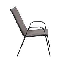 Seven Piece Patio Table Set With Metal Table With Tempered Glass Top And 6 Flex Comfort Stacking Chairs