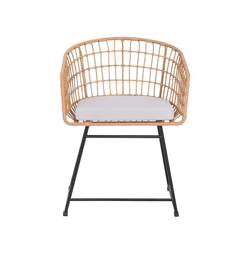 Ari Three Piece All-Weather Rattan Rope Patio Set With Acacia Wood Top Side Table And Two Chairs With Cushions