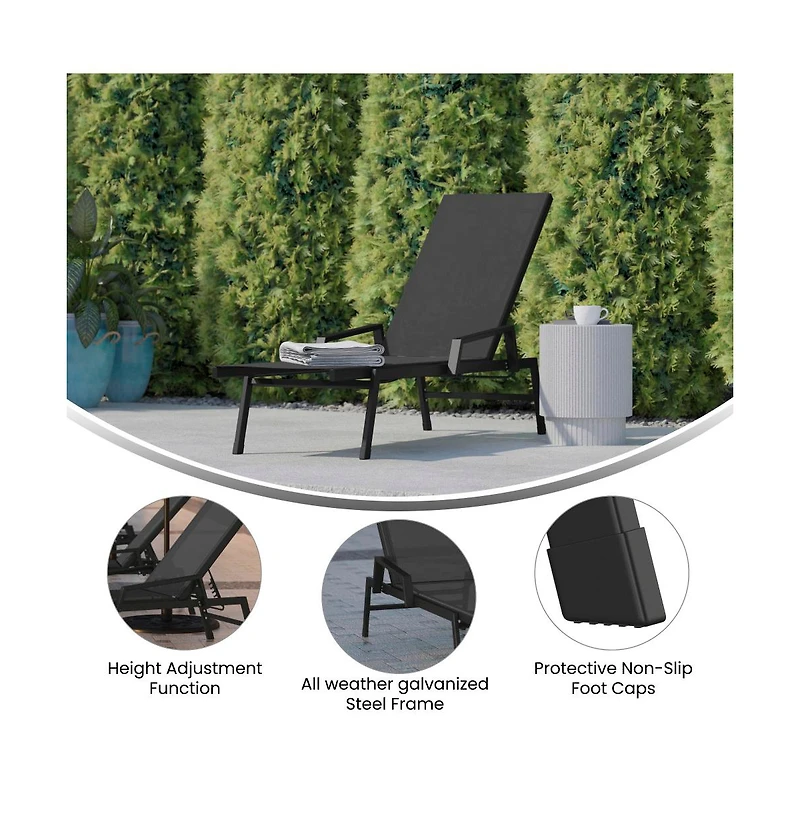 Emma+Oliver Braelin Textilene Adjustable 5 Position Patio Chaise Lounge With Armrests And Metal Frame