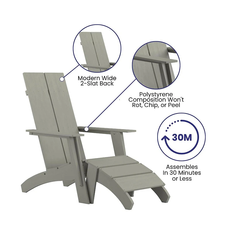 Piedmont Adirondack Modern Slatted Back Patio Chair With Accompanying Foot Ottoman