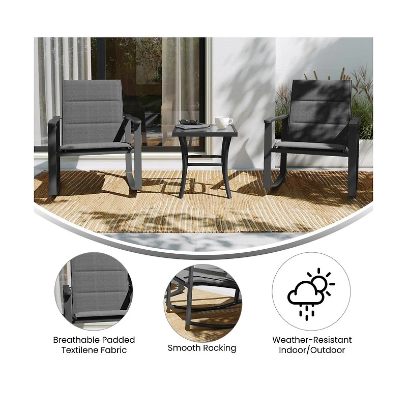 Brevyn 3 Piece Outdoor Bistro Set With Flex Comfort Rocking Chairs And Steel Framed Glass Top Table
