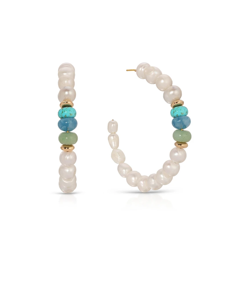 Ettika Freshwater Pearl Beaded Mixed Gemstone Hoop Earrings