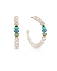 Ettika Freshwater Pearl Beaded Mixed Gemstone Hoop Earrings