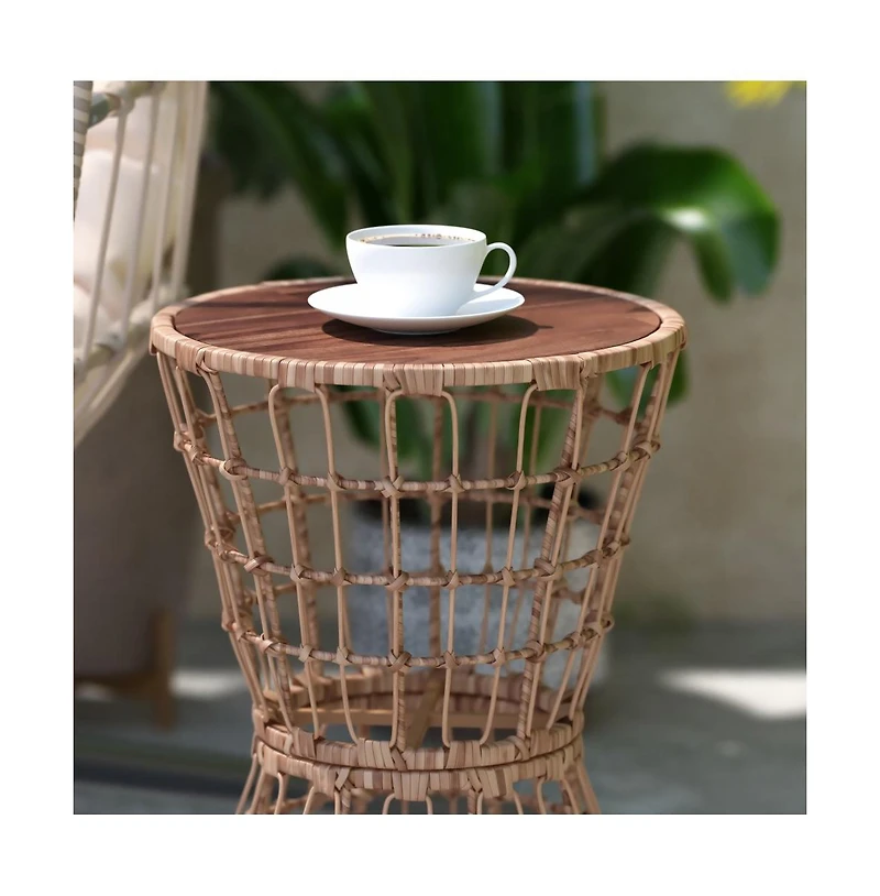 Ari All-Weather Faux Rattan Rope Patio Table With Acacia Wood Top For Indoor And Outdoor Use