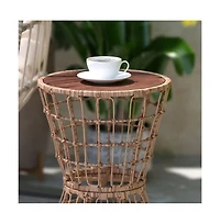 Ari All-Weather Faux Rattan Rope Patio Table With Acacia Wood Top For Indoor And Outdoor Use