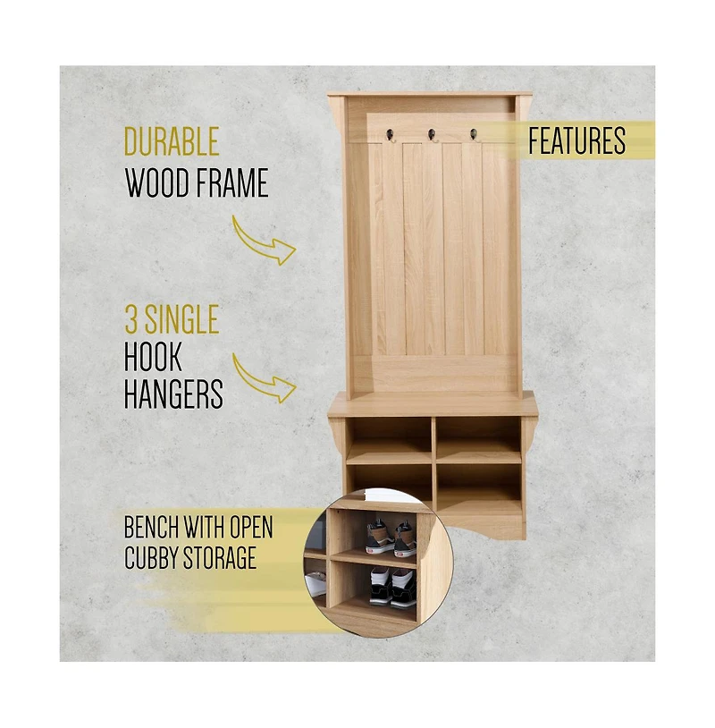 Hall Tree With Divided Storage Bench, 3 Hook Coat Rack, 4 Cubby Bench For