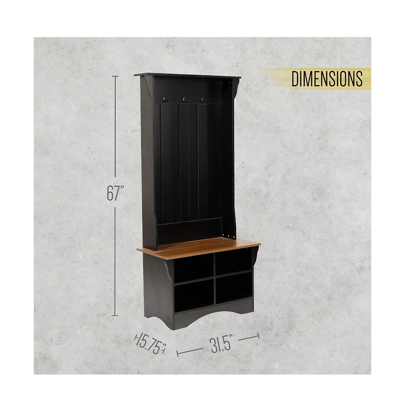 Hall Tree With Divided Storage Bench, 3 Hook Coat Rack, 4 Cubby Bench For