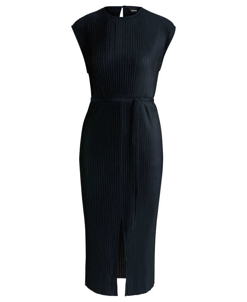 Boss by Hugo Women's High-Shine Plisse Belted Sleeveless Dress