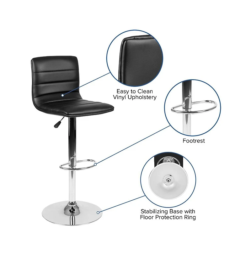 Modern Vinyl Adjustable Height Barstool With Horizontal Stitch Back, Set Of 2