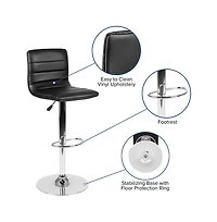 Modern Vinyl Adjustable Height Barstool With Horizontal Stitch Back, Set Of 2