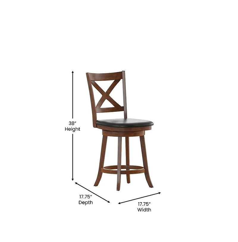 Sora Classic Wooden Crossback Swivel Counter Height Pub Stool With Upholstered Padded Seat And Integrated Footrest