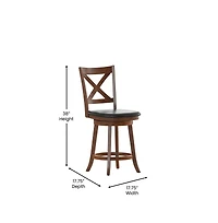 Sora Classic Wooden Crossback Swivel Counter Height Pub Stool With Upholstered Padded Seat And Integrated Footrest
