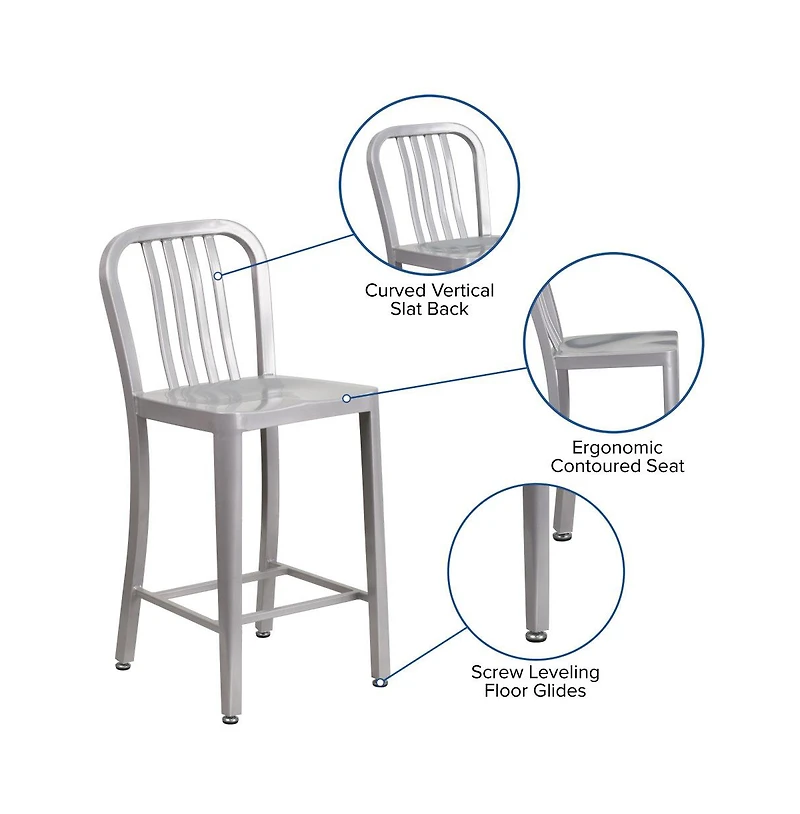 Merrick Lane Santorini Galvanized Steel Indoor/Outdoor Counter Bar Stool With Slatted Back And Powder Coated Finish