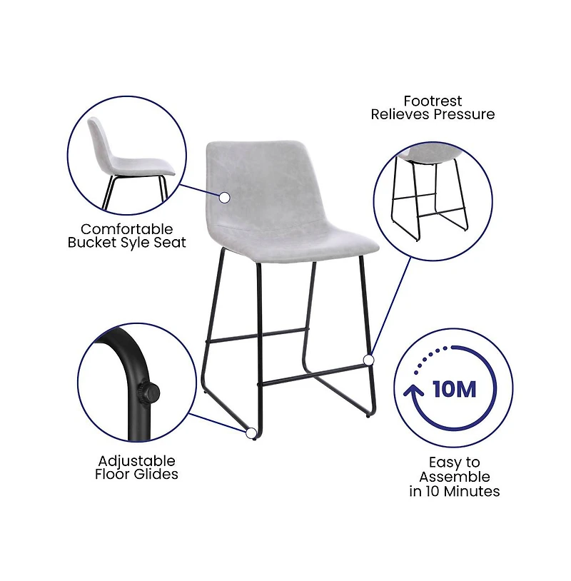 24 Inch Faux Counter Height Bucket Seat Stools, Set Of 2