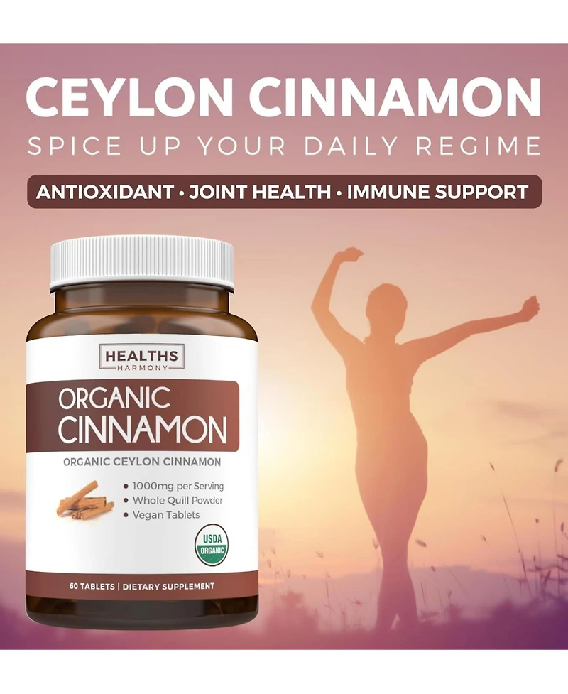 Usda Organic Ceylon Cinnamon Tablets, 1000mg Cinnamon Quill Powder, Supports Metabolism & Cognition, Immune Support, Health's Harmony, 60ct