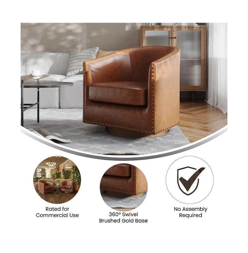 Ada Upholstered Club Style Barrel Chair With Nail Trim, Sloped Arms, And 360 Degree Swivel Base In A Vinyl Wrap