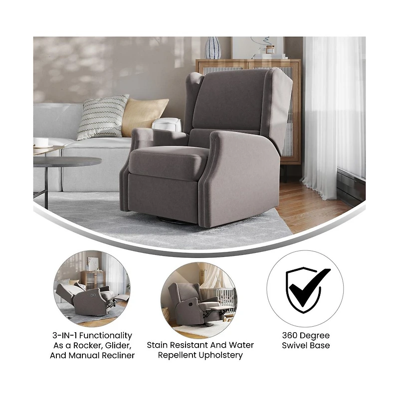 Abby 3-In-1 Wingback Manual Recliner Rocker Swivel Glider Chair