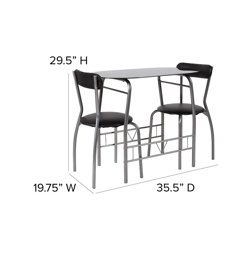 Emma+Oliver 3 Piece Space-Saver Glass Bistro Set With Vinyl Padded Chairs