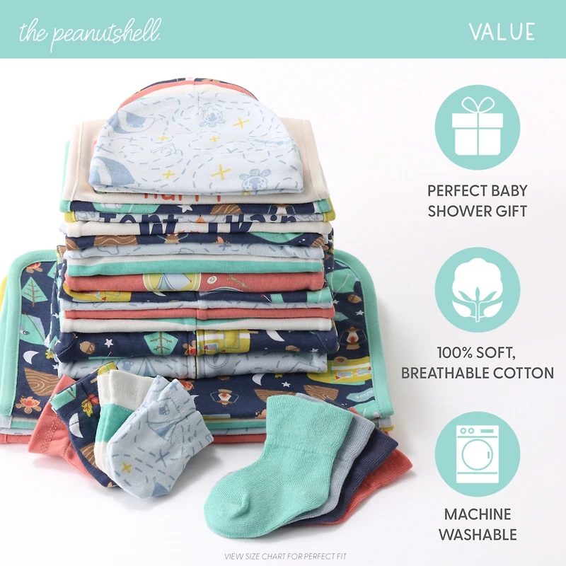 The Peanutshell Baby Boys Layette Gift Set Boys, Happy Camper, 30 Essential Pieces, 0-3 Months