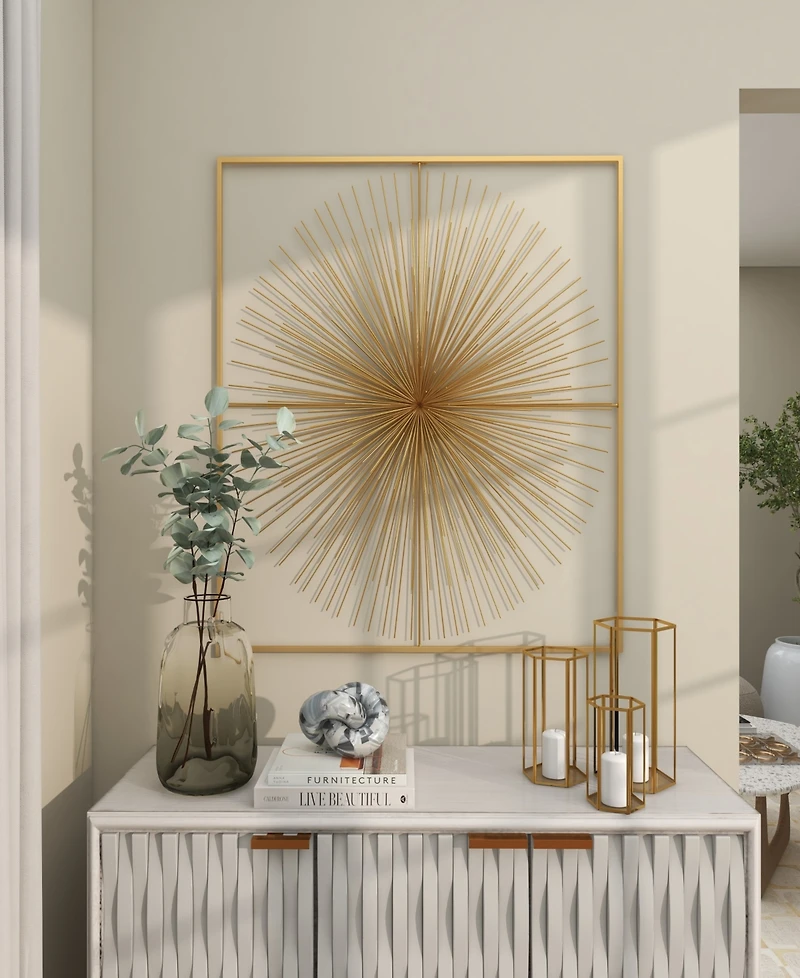 CosmoLiving by Cosmopolitan Gold Metal Starburst Large 3D Wall Decor with Square Frame, 36" x 3" x 36"