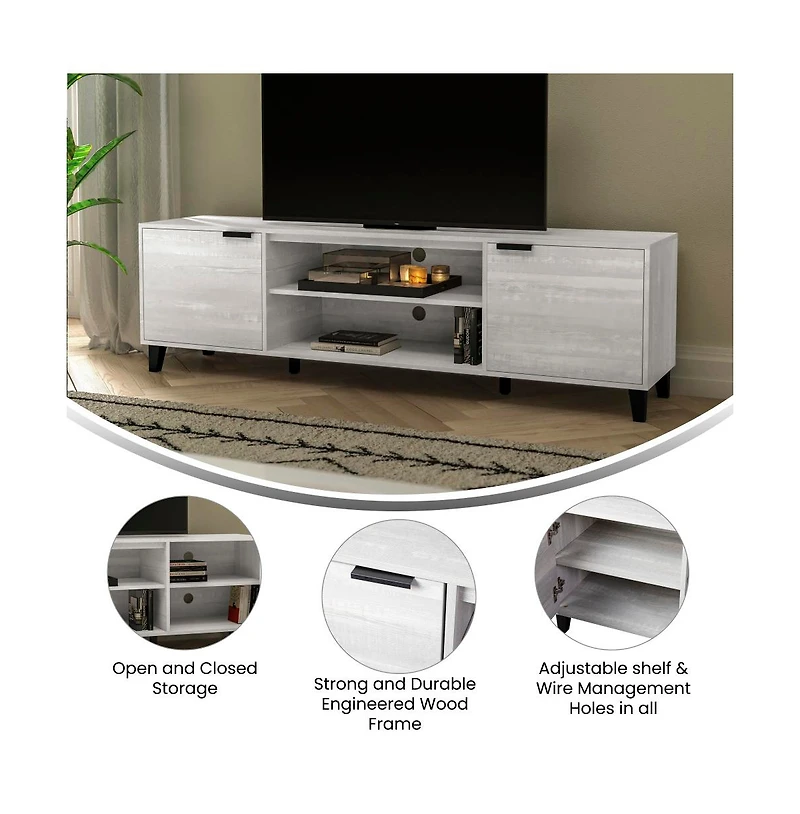 Merrick Lane Walter Mid-Century Modern Tv Stand With Adjustable Open Shelves And Two Doors