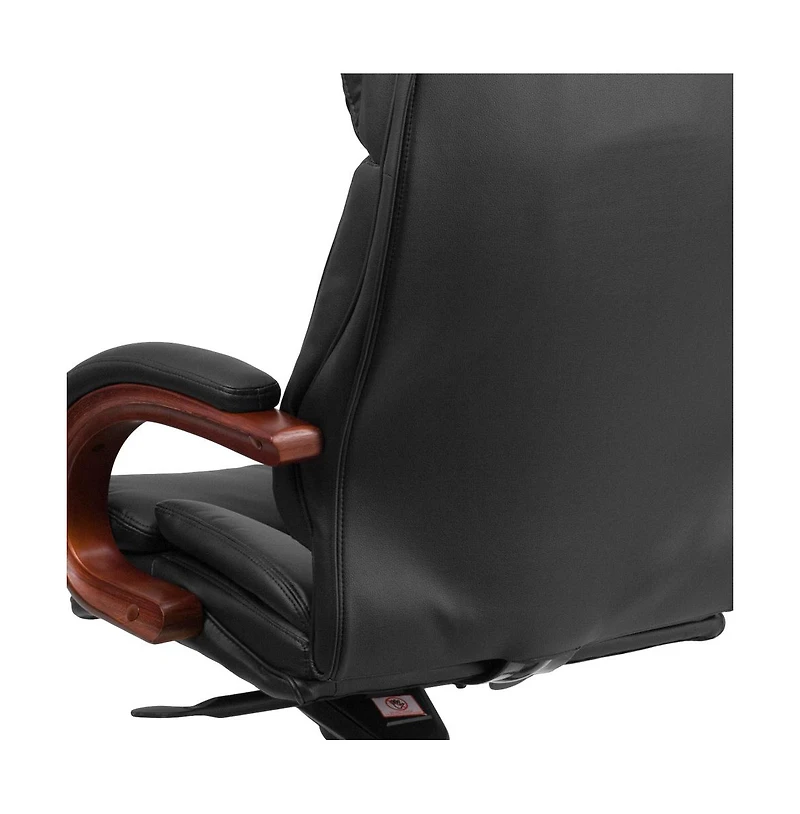 Emma+Oliver High Back Leather Executive Swivel Ergonomic Office Chair With Synchro-Tilt Mechanism, Mahogany Wood Base And Arms