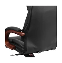Emma+Oliver High Back Leather Executive Swivel Ergonomic Office Chair With Synchro-Tilt Mechanism, Mahogany Wood Base And Arms