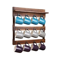 Rustic Mug Rack Wall Mounted With Shelf - Coffee Cup Hangers - Built In Shelf For Coffee Or Sugar, Wooden Coffee Mug Organizer