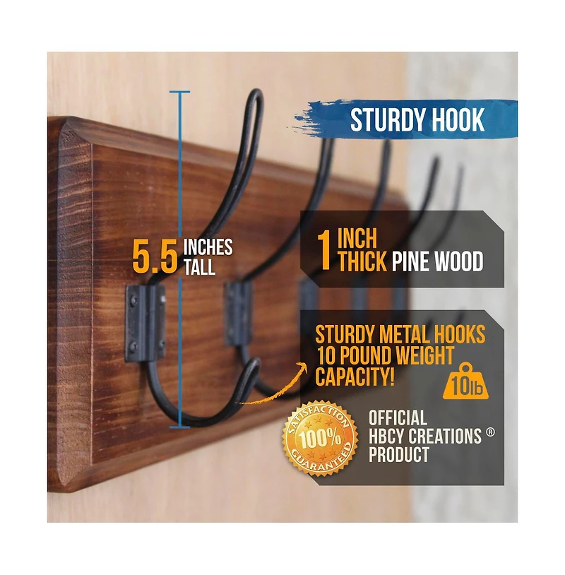 Rustic Coat Rack With Hooks -Wall Mount - Solid Pine Wood Entryway Hanger Farmhouse For Kitchen, Bedroom