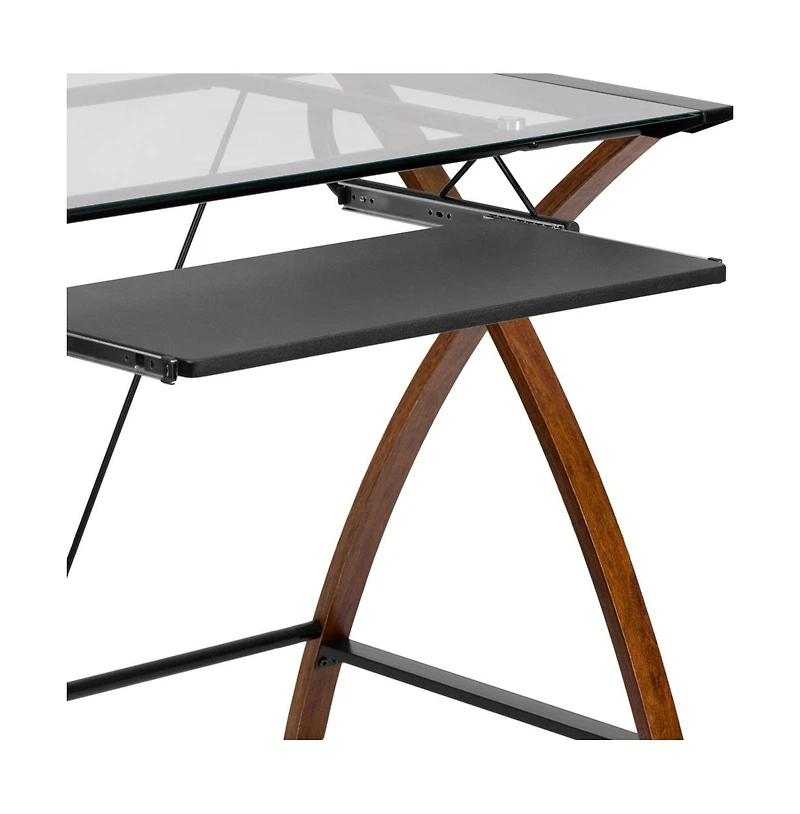 Glass Computer Desk-Pull-Out Keyboard Tray & Crisscross Frame