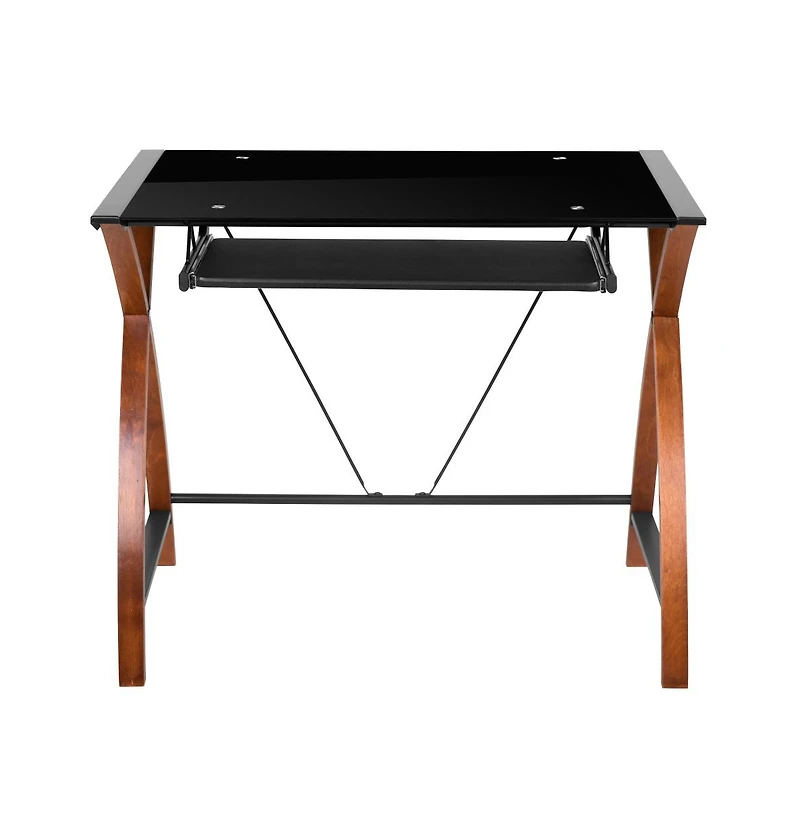Glass Computer Desk-Pull-Out Keyboard Tray & Crisscross Frame