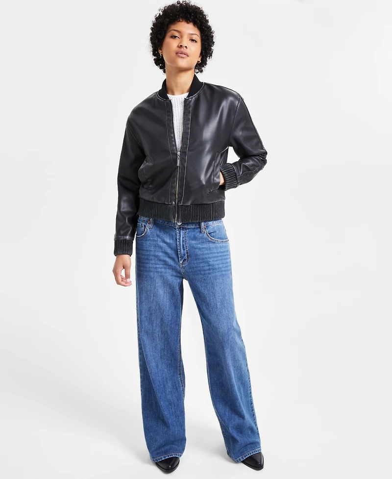 Jou Juniors' Distressed Faux-Leather Bomber Jacket, Created for Macy's