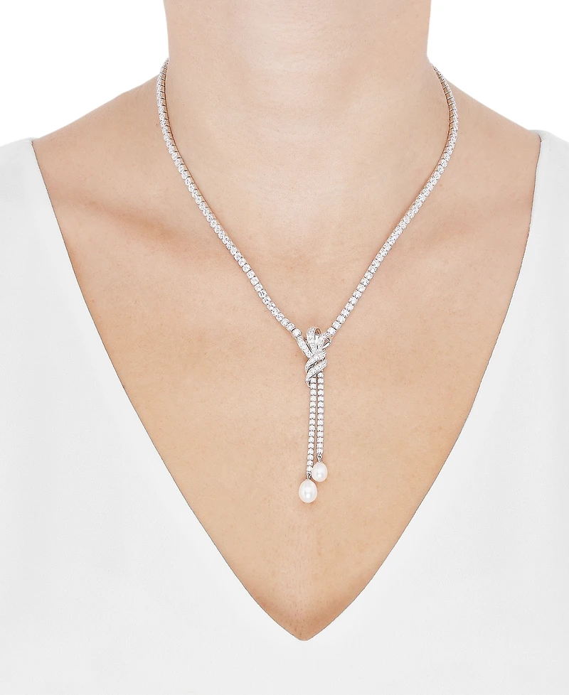Arabella Freshwater Pearl (9x7mm & 8x6mm) Cubic Zirconia Knotted 17" Lariat Necklace in Sterling Silver