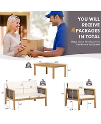 Gymax 8PCS Patio Acacia Wood Furniture Set Pe Rattan Conversation Set w/ Off White Cushions