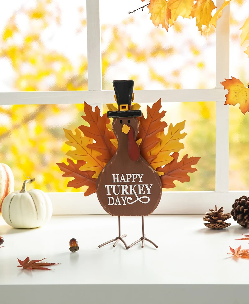Glitzhome 12.25"H Thanksgiving Wooden Metal Turkey Table Decor