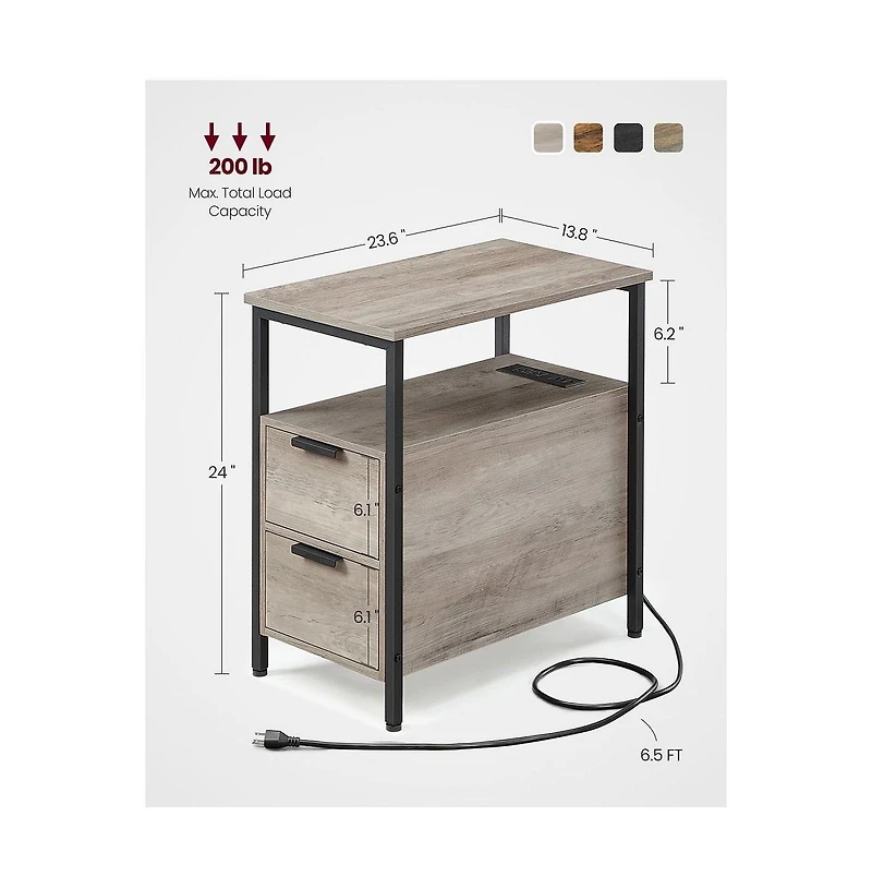 Narrow Nightstand Side Table With Usb Ports, Charging Station And Drawers