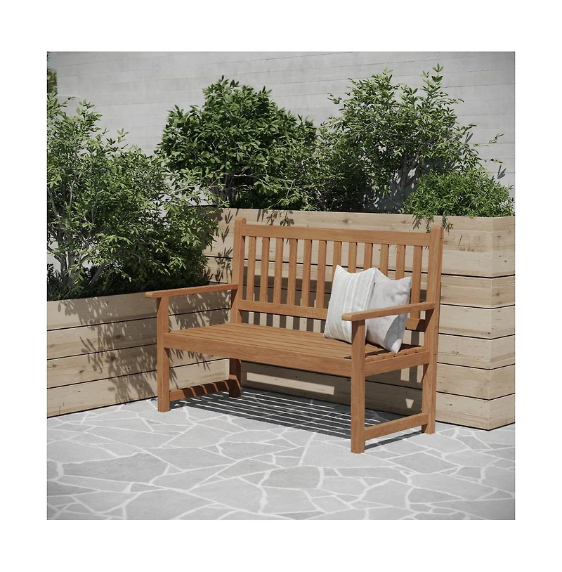 Andover Indoor/Outdoor Patio Bench/Dual-Person Loveseat With Slatted Acacia Wood Design For Use In Sunroom, Backyard, Porch, Or Garden