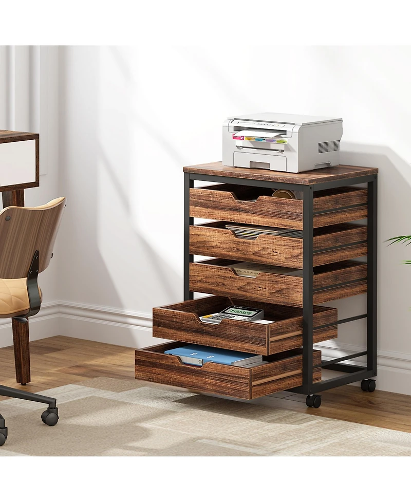 Tribesigns 5 Drawer Chest, Wood Storage Dresser Cabinet with Wheels, Industrial Storage Drawer Organizer Cart for Office Bedroom Entryway