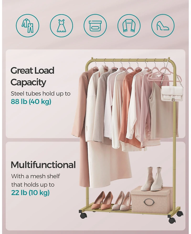 Slickblue Clothes Rack with Wheels, Garment Rack, Dense Mesh Shelf, 2 Brakes, Sturdy Steel Frame