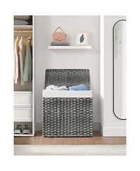 Slickblue Synthetic Rattan Laundry Hamper with Lid, 2 Sections Removable Liner Bag