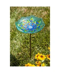 Evergreen Peacock Glass Bird Bath with Metal Stake